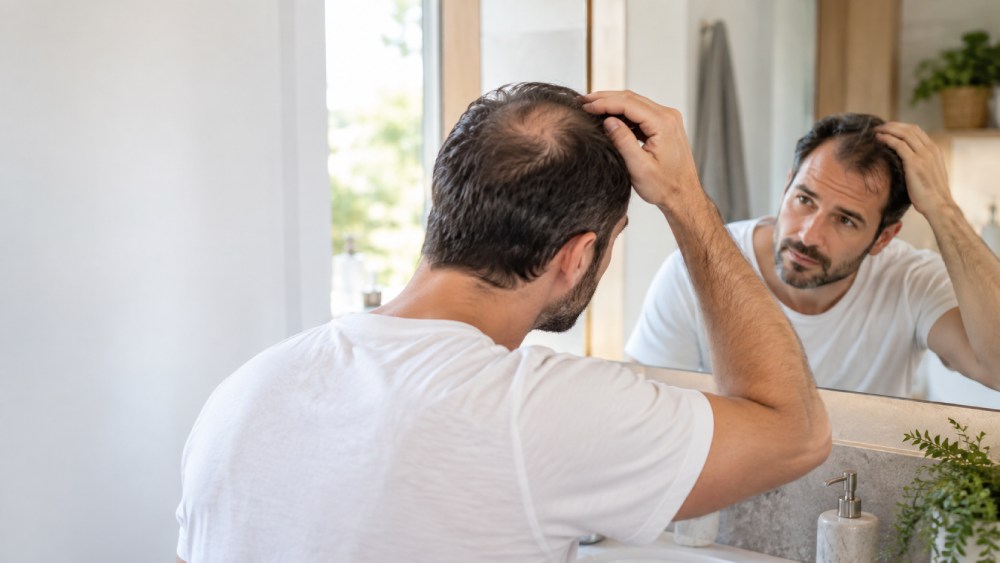 תמונה של גבר מקריח מסתכל על עצמו במראה